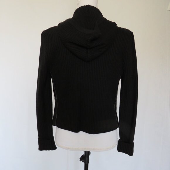 New Black Leather Ribbed Wool Cropped Zipper Hood Women’s Fashion Jacket size L - Picture 5 of 10